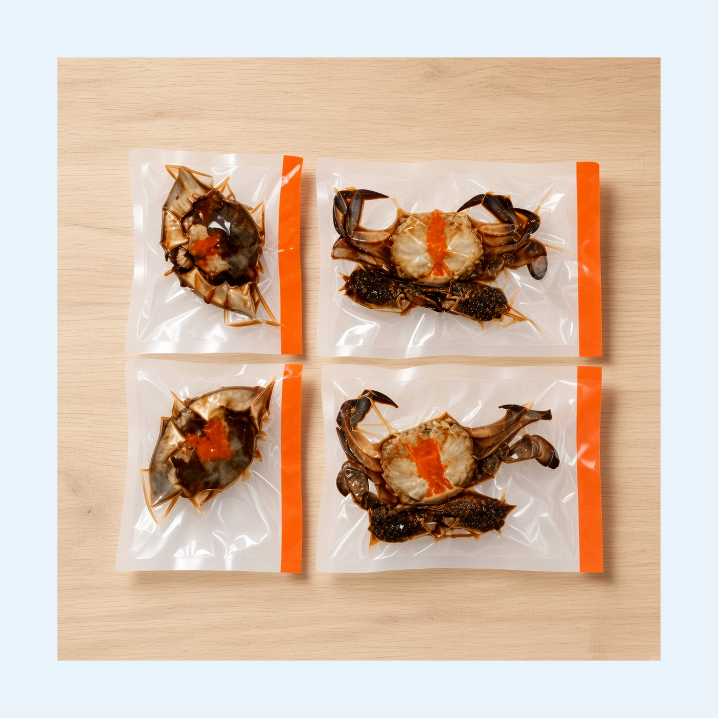 AI-inspected vacuum-packed crab packs with visible roe quality